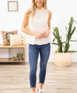 Glam LA Apparel TANK TOPS Cream Ruffle Trim High Neck Tank