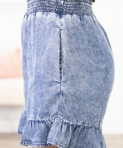 Doe & Rae Bottoms Medium Wash Bleached Smocked Waist Shorts