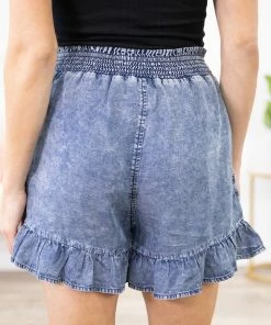 Doe & Rae Bottoms Medium Wash Bleached Smocked Waist Shorts