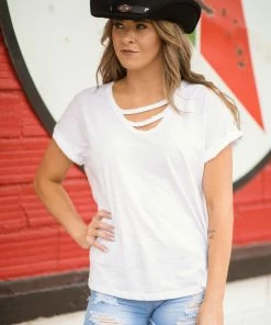 Doe & Rae White Cuff Sleeve Top With Cutout Detail