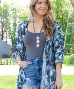 Heimish Aqua Multicolor Chevron Print Kimono Tops