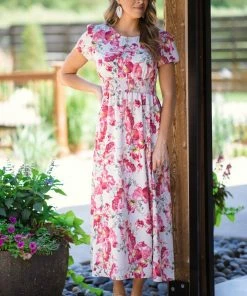 Chris & Carol Dresses Beige And Wine Floral Print Dress