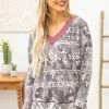 White Birch LONG SLEEVES Charcoal V-Neck Aztec Print Long Sleeve Top