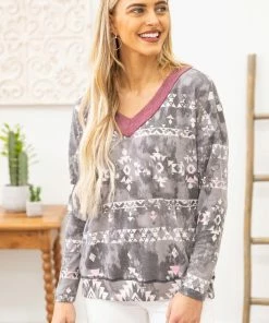 White Birch LONG SLEEVES Charcoal V-Neck Aztec Print Long Sleeve Top