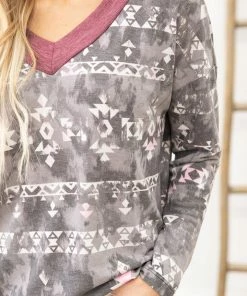 White Birch LONG SLEEVES Charcoal V-Neck Aztec Print Long Sleeve Top