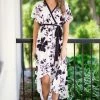 Lovely Melody Ivory And Black Floral Print Midi Wrap Dress Dresses
