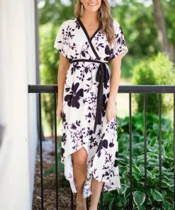 Lovely Melody Ivory And Black Floral Print Midi Wrap Dress Dresses