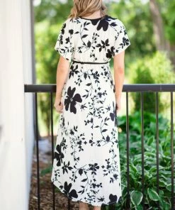 Lovely Melody Ivory And Black Floral Print Midi Wrap Dress Dresses