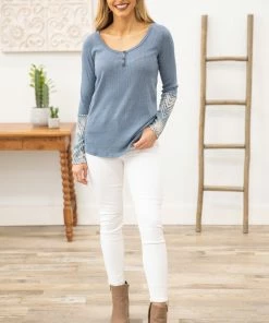 A.Gain LONG SLEEVES Teal Long Sleeve Top With Aztec Sleeve Detail