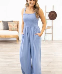 Shop Basic USA Dusty Blue Smocked Bodice Wide Leg Jumpsuit Dresses
