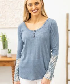 A.Gain LONG SLEEVES Teal Long Sleeve Top With Aztec Sleeve Detail