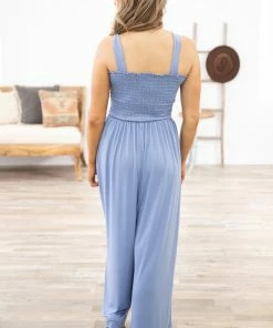 Shop Basic USA Dusty Blue Smocked Bodice Wide Leg Jumpsuit Dresses