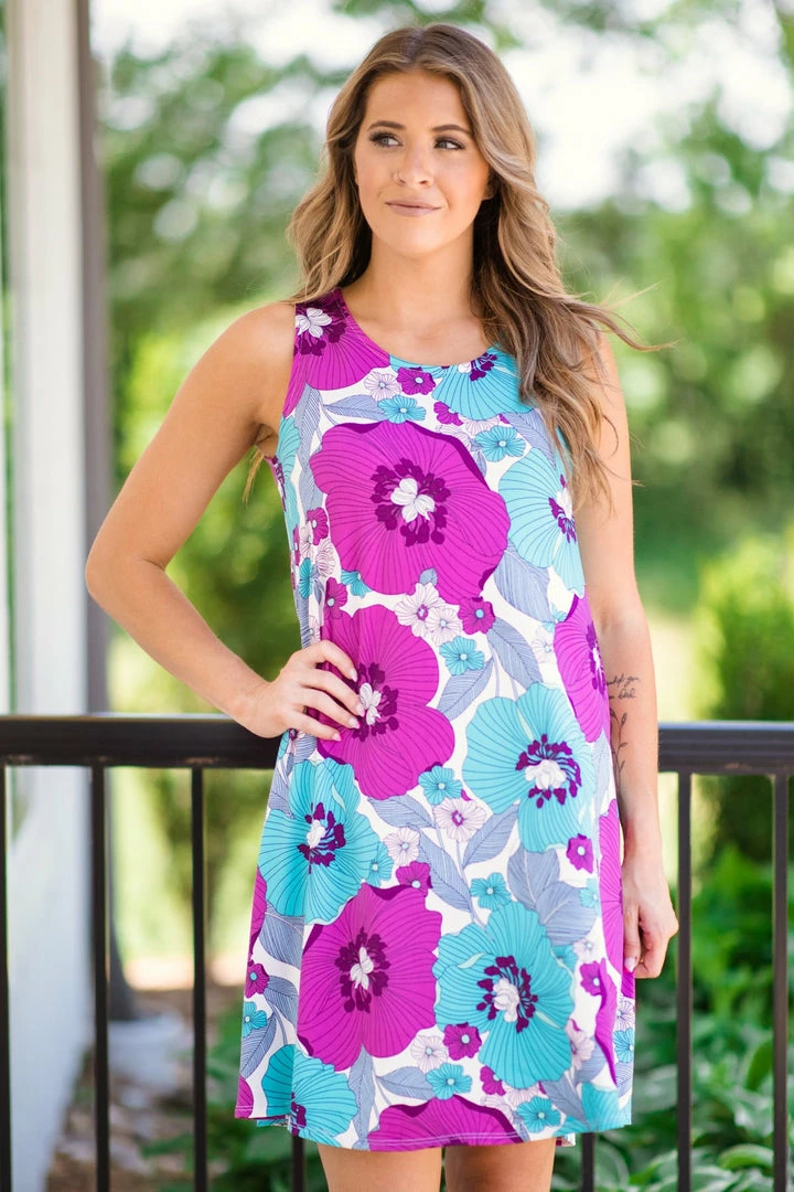 P & Rose Aqua And Fuchsia Floral Print Dress Dresses 4 P & Rose Aqua And Fuchsia Floral Print Dress Dresses