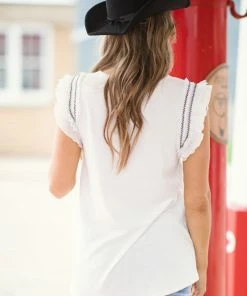 BIBI Ivory Top With Crochet Pleated Ruffle Trim Tops