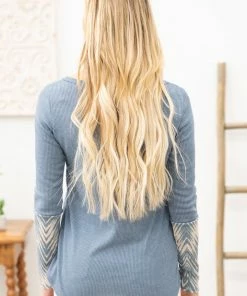 A.Gain LONG SLEEVES Teal Long Sleeve Top With Aztec Sleeve Detail