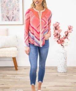 ODDI LONG SLEEVES Coral Multicolor Floral Scarf Print Top
