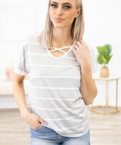 Shewin Heather Grey And White Stripe Criss-Cross Top