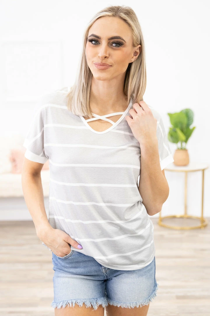 Shewin Heather Grey And White Stripe Criss-Cross Top 4 Shewin Heather Grey And White Stripe Criss-Cross Top