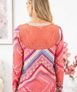 ODDI LONG SLEEVES Coral Multicolor Floral Scarf Print Top