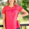 Staccato Tops Crimson Lace Yoke Short Sleeve Top