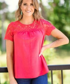 Staccato Tops Crimson Lace Yoke Short Sleeve Top