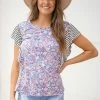 Melon Dusty Blue Ditsy Floral Stripe Sleeve Top