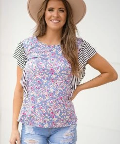 Melon Dusty Blue Ditsy Floral Stripe Sleeve Top