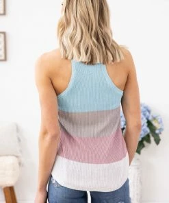 Shewin Baby Blue Colorblock Halter Neck Tank Tops