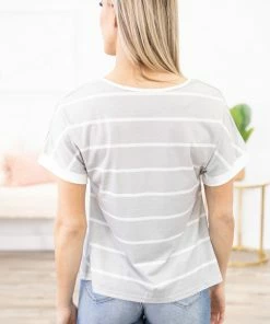 Shewin Heather Grey And White Stripe Criss-Cross Top 8 Shewin Heather Grey And White Stripe Criss-Cross Top