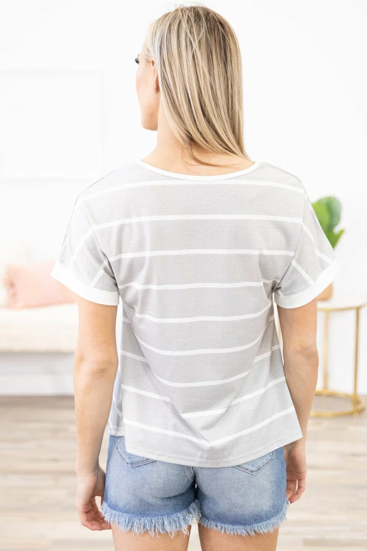Shewin Heather Grey And White Stripe Criss-Cross Top 5 Shewin Heather Grey And White Stripe Criss-Cross Top