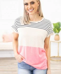 Heimish Beige And Neon Pink Stripe Colorblock Top