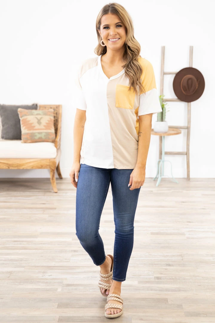 Perfect Peach White And Orange Colorblock V-Neck Top Tops 5 Perfect Peach White And Orange Colorblock V-Neck Top Tops