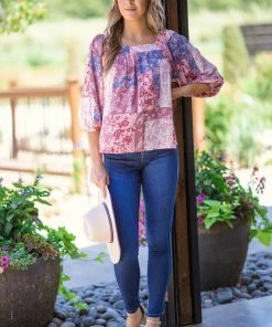 Andree By Unit Blush Multicolor Floral Patchwork Print Top Tops