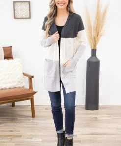 Staccato Charcoal Colorblock Cable Knit Cardigan LONG SLEEVES