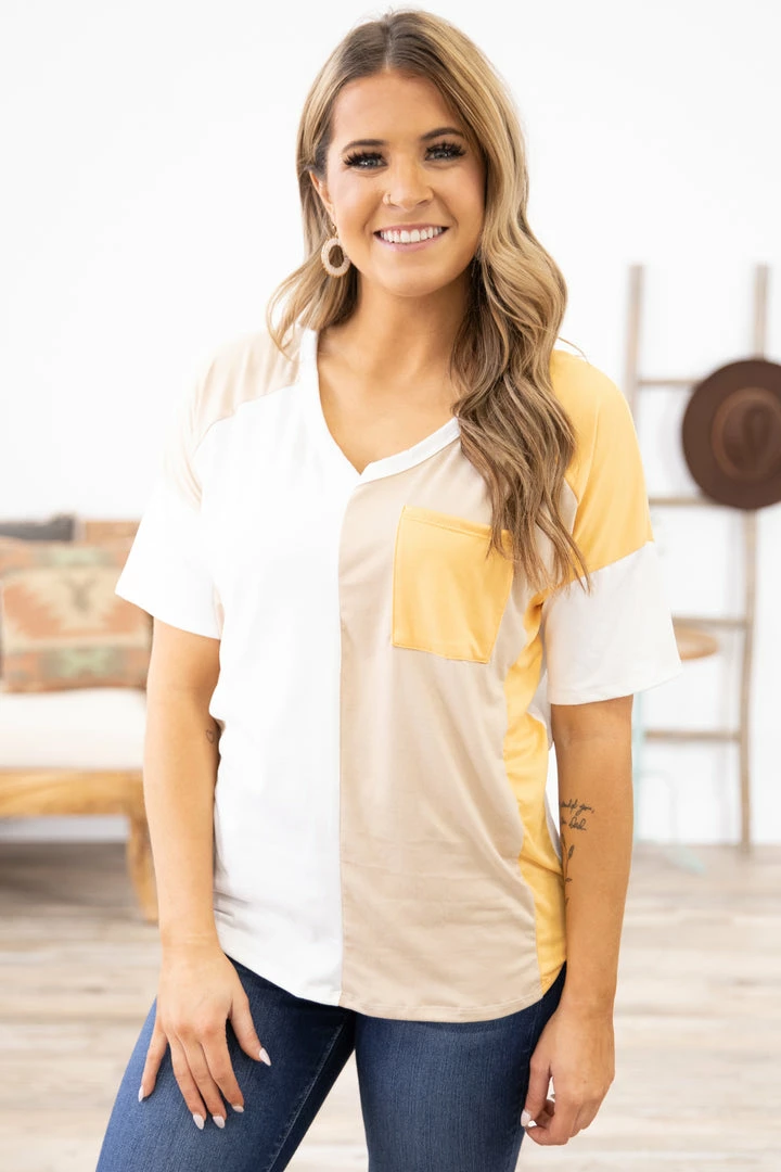 Perfect Peach White And Orange Colorblock V-Neck Top Tops 4 Perfect Peach White And Orange Colorblock V-Neck Top Tops