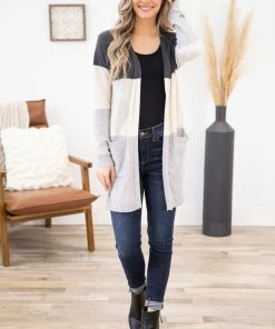 Staccato Charcoal Colorblock Cable Knit Cardigan LONG SLEEVES