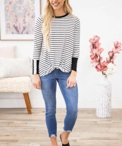 Orange Farm Black And White Stripe Top With Crochet Cuff 8 Orange Farm Black And White Stripe Top With Crochet Cuff