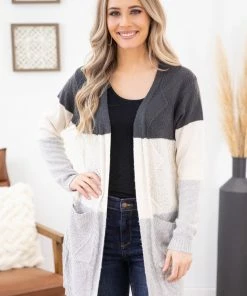 Staccato Charcoal Colorblock Cable Knit Cardigan LONG SLEEVES