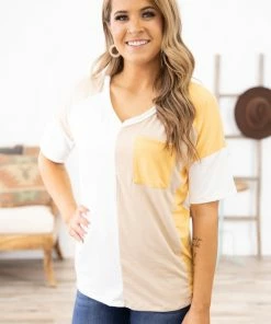 Perfect Peach White And Orange Colorblock V-Neck Top Tops