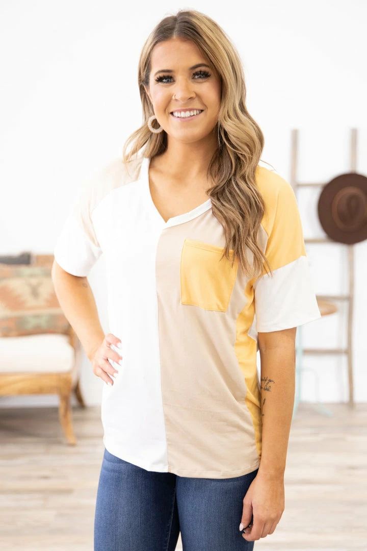 Perfect Peach White And Orange Colorblock V-Neck Top Tops 3 Perfect Peach White And Orange Colorblock V-Neck Top Tops