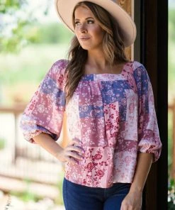 Andree By Unit Blush Multicolor Floral Patchwork Print Top Tops