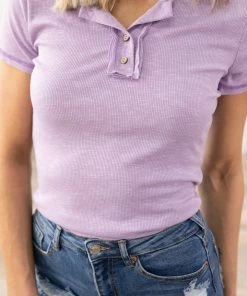 Reborn J Tops Lavender Contrast Stitch Rib Knit Top