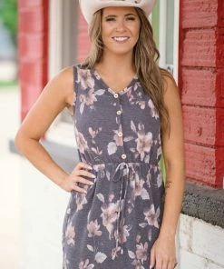 Hopely Graphite And Dusty Rose Floral Print Dress