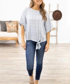 ADORA Dusty Blue Floral Medallion Tie Front Top 9 ADORA Dusty Blue Floral Medallion Tie Front Top