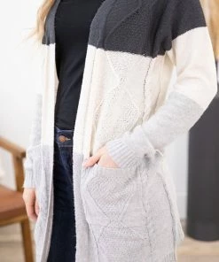 Staccato Charcoal Colorblock Cable Knit Cardigan LONG SLEEVES