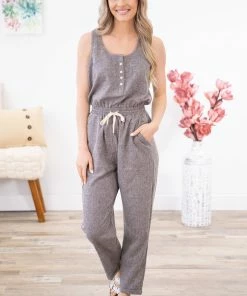 PS KATE Grey Elastic Waist Button Detail Jumpsuit Dresses