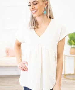 Doe & Rae Tops Cream Textured V-Neck Babydoll Top