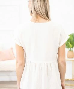 Doe & Rae Tops Cream Textured V-Neck Babydoll Top