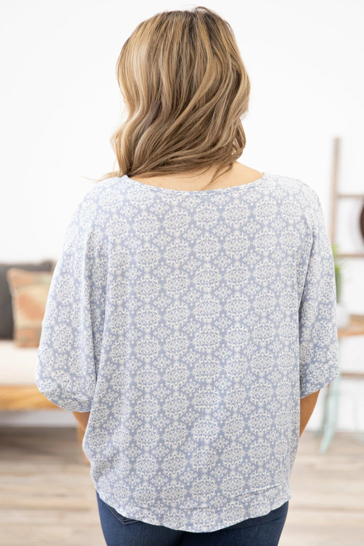 ADORA Dusty Blue Floral Medallion Tie Front Top 6 ADORA Dusty Blue Floral Medallion Tie Front Top