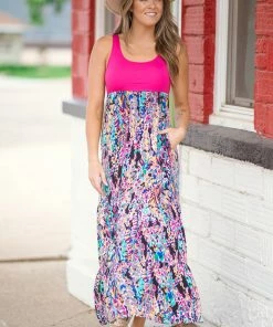 Beeson River Dresses Hot Pink Multicolor Leaf Print Maxi Dress
